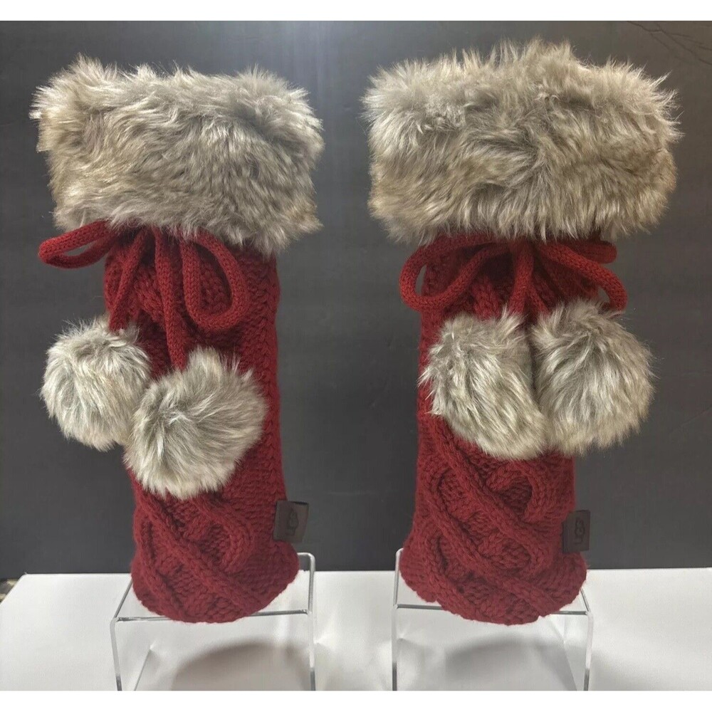 UGG Wine Bottle Holder Knit With Faux Fur Pom Pom's Red Knit Chocolate Fur X 2